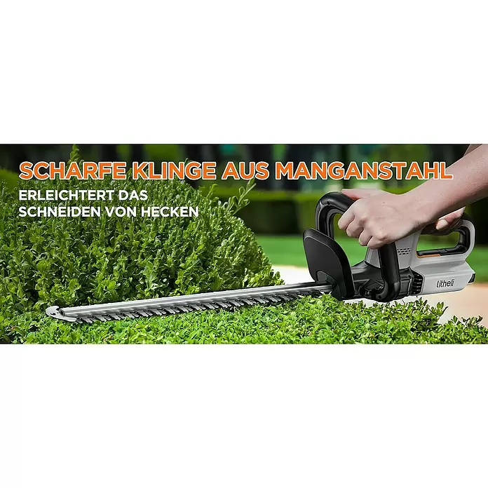 Litheli U20 Akku-Heckenschere - 20 V, Li-Ionen, 1 Akku, Schnittlänge: 510 cm - Eine Person trimmt eine Hecke mit einem schwarz-grauen Heckenschneider mit scharfer Manganstahlklinge.