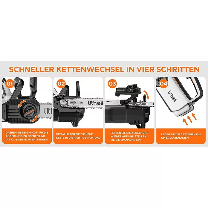 Litheli U20 Akku-Kettensäge - 20 V, 2 Ah, Li-Ionen, 2 Akkus, Schwertlänge: 305 mm - Schneller Kettenwechsel in vier Schritten an einer weiß-schwarzen Akku-Kettensäge.