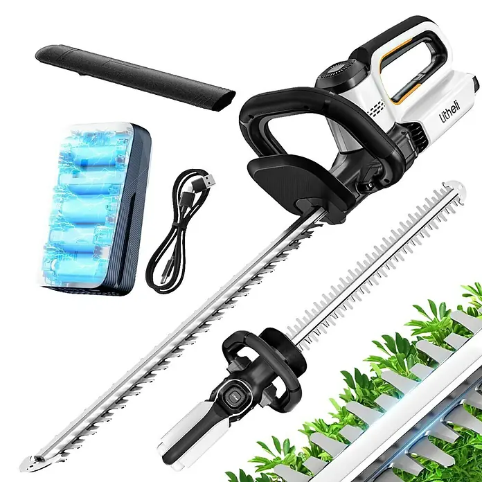 Litheli U20 Akku-Heckenschere - 20 V, Li-Ionen, 1 Akku, Schnittlänge: 510 cm - Abbildung einer kabellosen Lithell-Heckenschere mit Akku, Ladegerät und Klingenabdeckung. Das Gerät ist ideal zum Trimmen von Hecken.