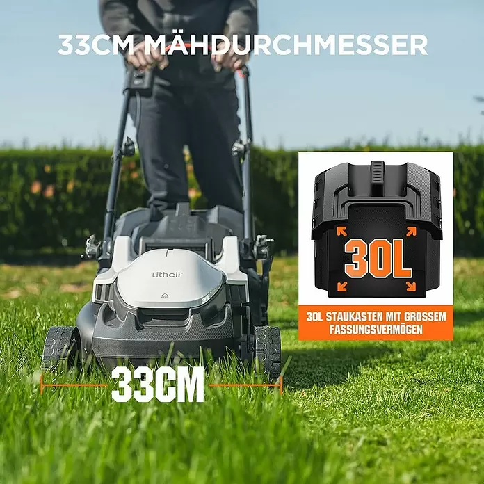 Litheli U20 Akku-Rasenmäher - 20 V, 1 Akku, 4 Ah, Schnittbreite: 33 cm - Ein weiß-dunkelgrauer Rasenmäher auf Gras, zeigt 33cm Schnittbreite und 30L Grasfangkorb.