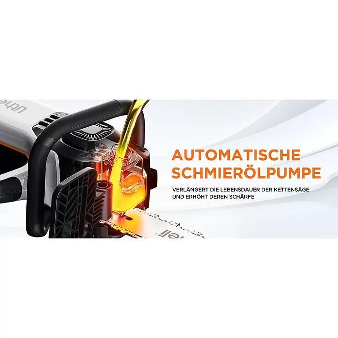 Litheli U20 Akku-Kettensäge - 20 V, 2 Ah, Li-Ionen, 2 Akkus, Schwertlänge: 305 mm - Weiße und schwarze Kettensäge mit orangefarbenen Akzenten; Öl wird in die automatische Schmierölpumpe gefüllt.