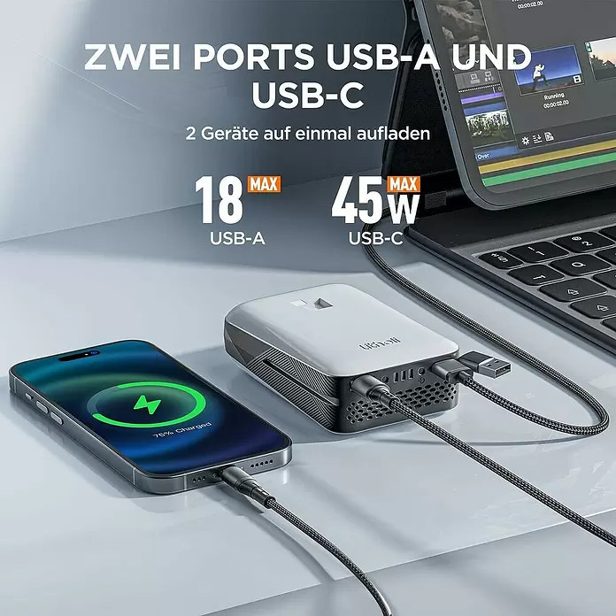 Litheli U20 Akku-Rasenmäher - 20 V, 1 Akku, 4 Ah, Schnittbreite: 33 cm - Weiß-schwarze Powerbank lädt ein Smartphone und ist mit einem Laptop verbunden, zeigt USB-A- und USB-C-Ladeanschlüsse.