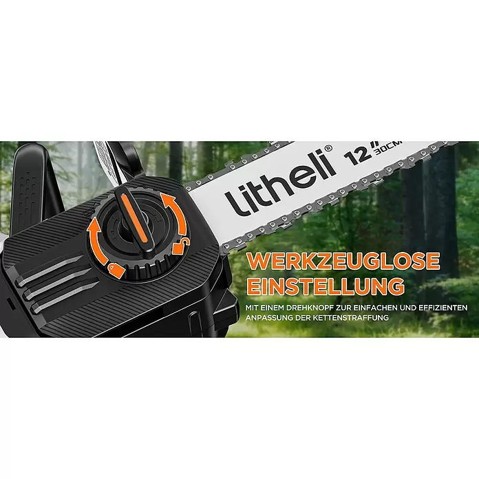 Litheli U20 Akku-Kettensäge - 20 V, 2 Ah, Li-Ionen, 2 Akkus, Schwertlänge: 305 mm - Schwarze Kettensäge mit orangefarbenem werkzeuglosem Knopf zur Kettenspannungseinstellung. Litheli-Sägeblatt sichtbar.