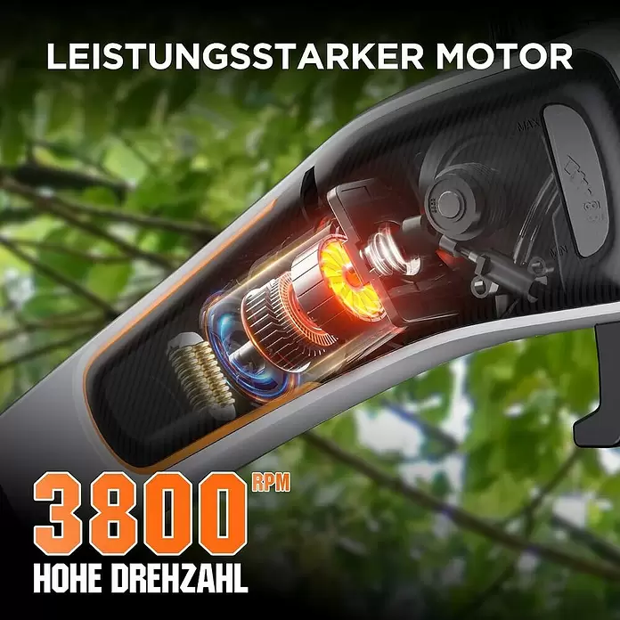 Litheli U20 Akku-Hochentaster - 2 Ah, 1 Akku, Schwertlänge: 200 mm, Länge Stiel: 340 cm - Schnittansicht eines leistungsstarken Motors mit glühenden Innenteilen, hervorgehoben mit '3800 RPM' und 'Hohe Drehzahl'.