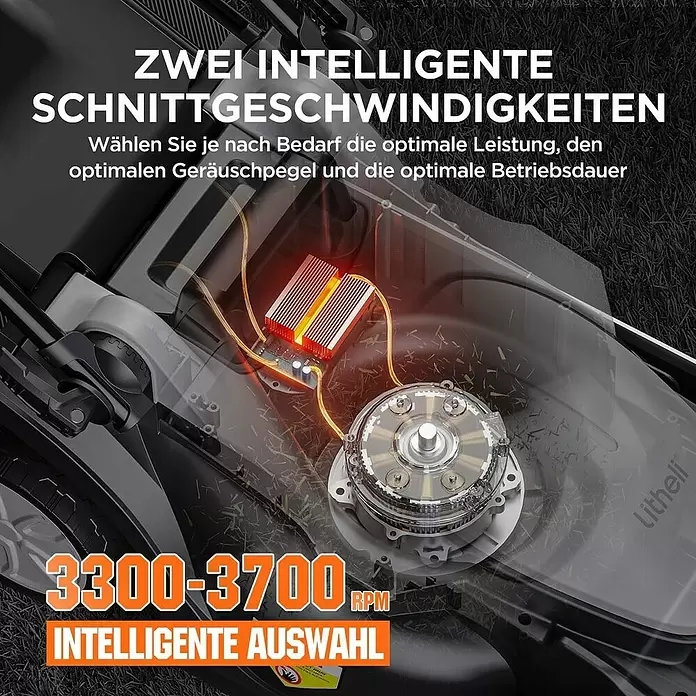 Litheli U20 Akku-Rasenmäher - 20 V, 1 Akku, 4 Ah, Schnittbreite: 33 cm - Interner Motor und beleuchtete Steuerplatine eines Rasenmähers zeigen 'Zwei intelligente Schnittgeschwindigkeiten' (3300-3700 U/min) für optimale Leistung.