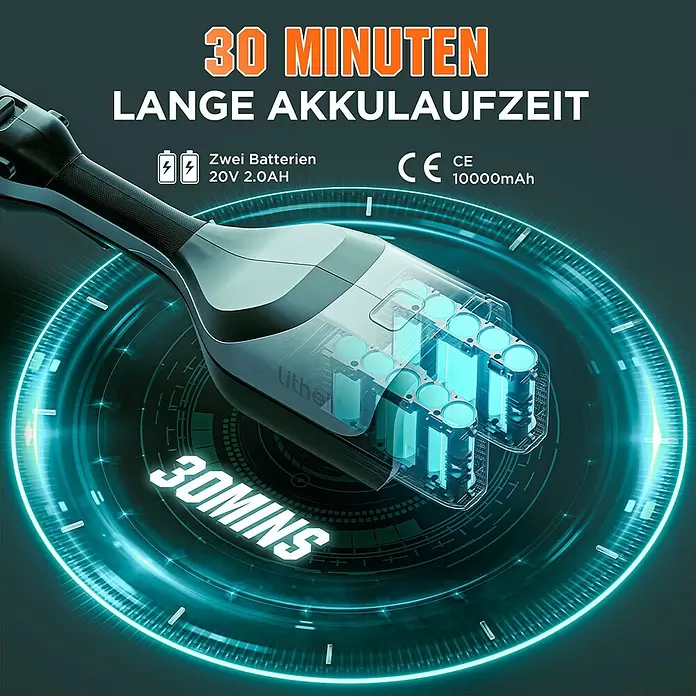 Litheli U20 Akku-Rasentrimmer - 2 Ah, Li-Ionen, 2 Akkus, Schnittbreite Faden: 35 cm - Schwarzes und graues Gerät, Querschnitt zeigt zwei interne Batterien. Text hebt 20V 2.0Ah, 10000mAh und 30 Minuten Akkulaufzeit hervor.