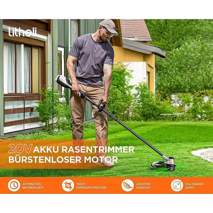 Litheli U20 Akku-Rasentrimmer - 2 Ah, Li-Ionen, 2 Akkus, Schnittbreite Faden: 35 cm - Mann trimmt Rasen mit einem Litheli 20V Akku-Rasentrimmer.