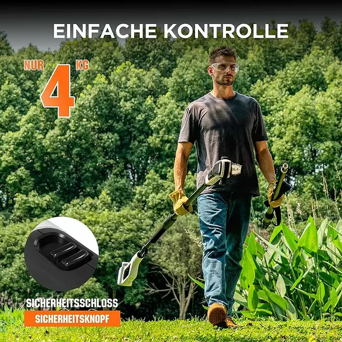 Litheli U20 Akku-Hochentaster - 2 Ah, 1 Akku, Schwertlänge: 200 mm, Länge Stiel: 340 cm - Mann hält kabelloses Gartengerät, 4 kg leicht, mit einfacher Kontrolle und Sicherheitsschloss.