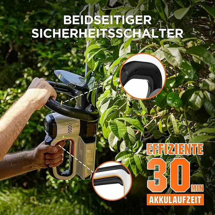 Litheli U20 Akku-Heckenschere - 20 V, Li-Ionen, 1 Akku, Schnittlänge: 510 cm - Person schneidet mit einer silber-schwarzen Akku-Heckenschere eine Hecke. Sie hat einen beidseitigen Sicherheitsschalter und ergonomische Griffe.
