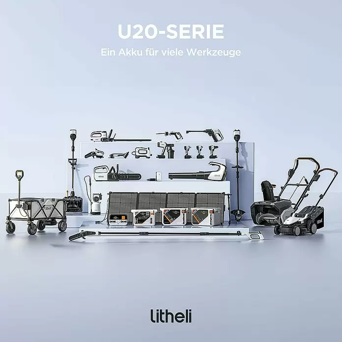 Litheli U20 Akku-Hochentaster - 2 Ah, 1 Akku, Schwertlänge: 200 mm, Länge Stiel: 340 cm - Litheli U20-Serie: Diverse Akku-Garten- und Werkstattwerkzeuge, Powerstations und ein Transportwagen in Schwarz, Weiß, Grau mit orangefarbenen Akzenten.