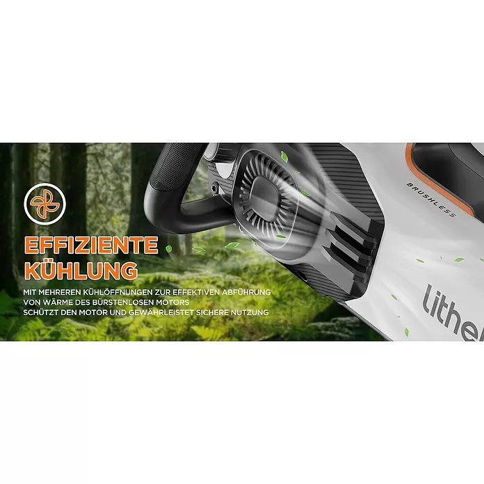 Litheli U20 Akku-Kettensäge - 20 V, 2 Ah, Li-Ionen, 2 Akkus, Schwertlänge: 305 mm - Weiß-schwarzes Gartengerät mit orangefarbenen Akzenten, das die effiziente Kühlung seines bürstenlosen Motors zeigt.