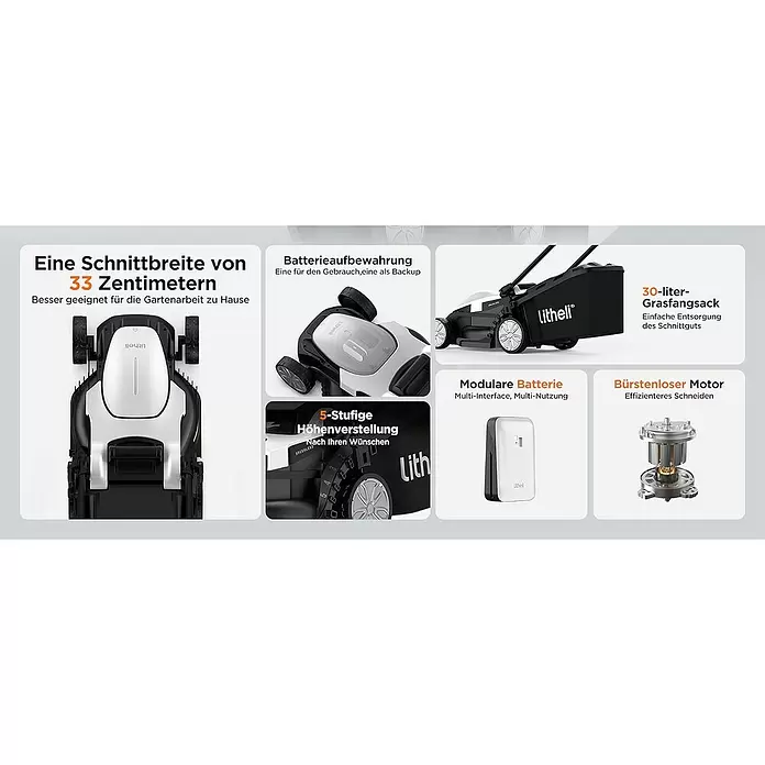 Litheli U20 Akku-Rasenmäher - 20 V, 1 Akku, 4 Ah, Schnittbreite: 33 cm - Ein schwarz-weißer kabelloser Litheli Rasenmäher mit 33 cm Schnittbreite, 5-facher Höhenverstellung, 30-Liter-Grasfangsack und modularem Akkusystem.