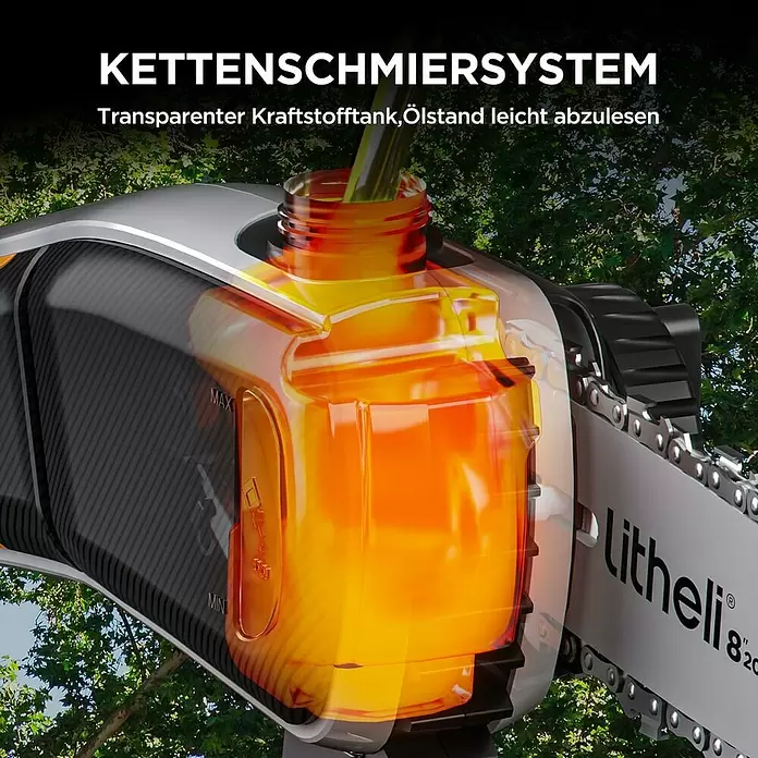 Litheli U20 Akku-Hochentaster - 2 Ah, 1 Akku, Schwertlänge: 200 mm, Länge Stiel: 340 cm - Transparenter Kettensägen-Öltank wird befüllt, mit sichtbarem orangefarbenem Öl und MAX/MIN-Anzeigen.