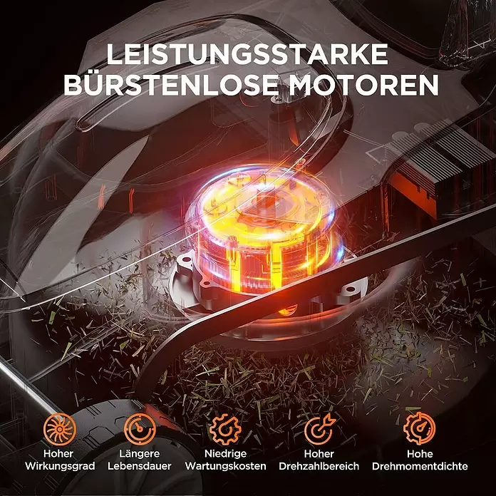 Litheli U20 Akku-Rasenmäher - 20 V, 1 Akku, 4 Ah, Schnittbreite: 33 cm - Nahaufnahme eines leuchtend orangefarbenen, leistungsstarken bürstenlosen Motors in einem Gerät, umgeben von geschnittenem Gras.