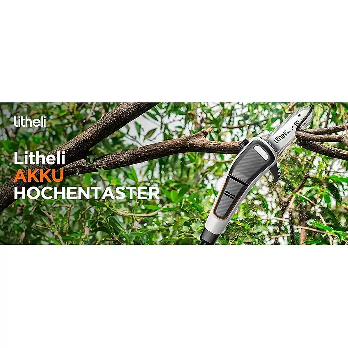 Litheli U20 Akku-Hochentaster - 2 Ah, 1 Akku, Schwertlänge: 200 mm, Länge Stiel: 340 cm - Litheli Akku-Hochentaster in Weiß, Schwarz und Orange schneidet einen Ast und erzeugt Sägemehl.