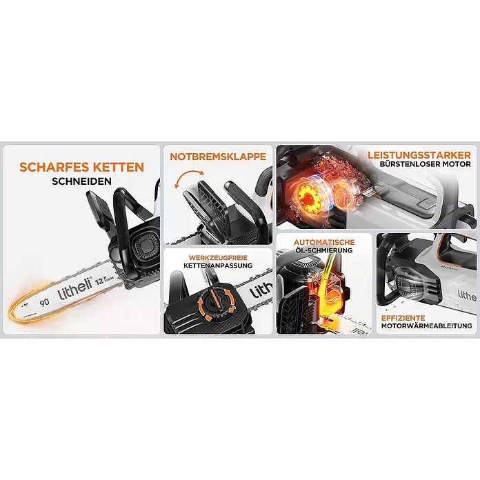 Litheli U20 Akku-Kettensäge - 20 V, 2 Ah, Li-Ionen, 2 Akkus, Schwertlänge: 305 mm - Schwarz-weiße Litheli 12"-Kettensäge mit scharfer Kette, Notbremse, werkzeugloser Einstellung, bürstenlosem Motor und automatischer Ölung.