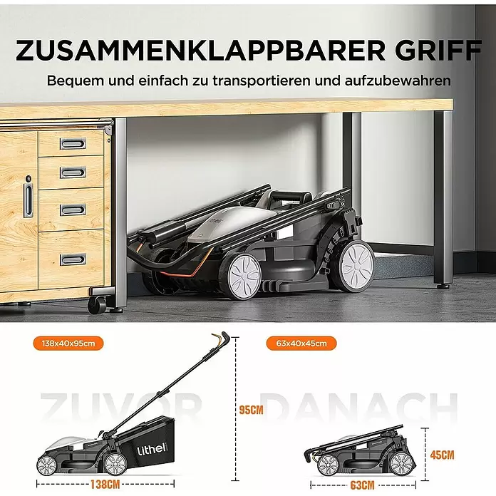 Litheli U20 Akku-Rasenmäher - 20 V, 1 Akku, 4 Ah, Schnittbreite: 33 cm - Klappbarer schwarzer und grauer Litheli Rasenmäher kompakt unter einem Tisch verstaut, mit Größenvergleich vor und nach dem Zusammenklappen.