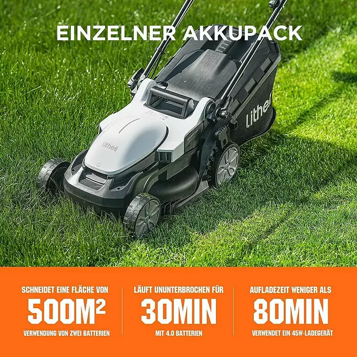 Litheli U20 Akku-Rasenmäher - 20 V, 1 Akku, 4 Ah, Schnittbreite: 33 cm - Weißer und schwarzer Litheli Akku-Rasenmäher.