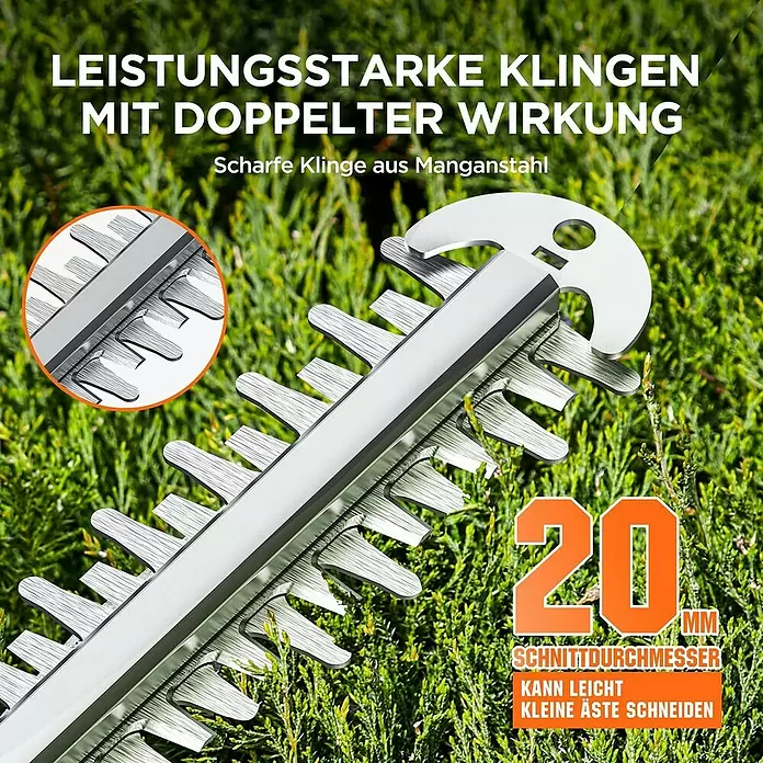Litheli U20 Akku-Heckenschere - 20 V, Li-Ionen, 1 Akku, Schnittlänge: 510 cm - Scharfe, doppelt wirkende Manganstahl-Heckenscherenmesser für einen Schnittdurchmesser von 20 mm, zum einfachen Schneiden kleiner Äste.