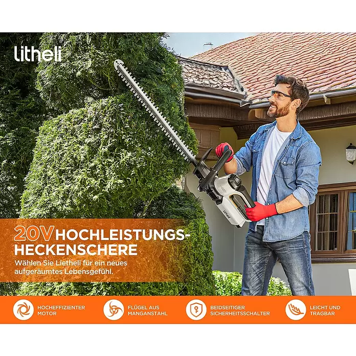 Litheli U20 Akku-Heckenschere - 20 V, Li-Ionen, 1 Akku, Schnittlänge: 510 cm - Ein Mann trimmt mit einer weiß-schwarzen Heckenschere mit langer Silberklinge eine grüne Hecke.