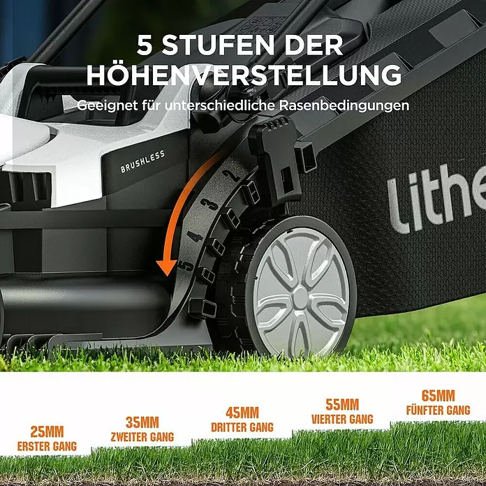 Litheli U20 Akku-Rasenmäher - 20 V, 1 Akku, 4 Ah, Schnittbreite: 33 cm - Rasenmäher mit 5-stufiger Schnitthöhenverstellung von 25mm bis 65mm für unterschiedliche Grashöhen.