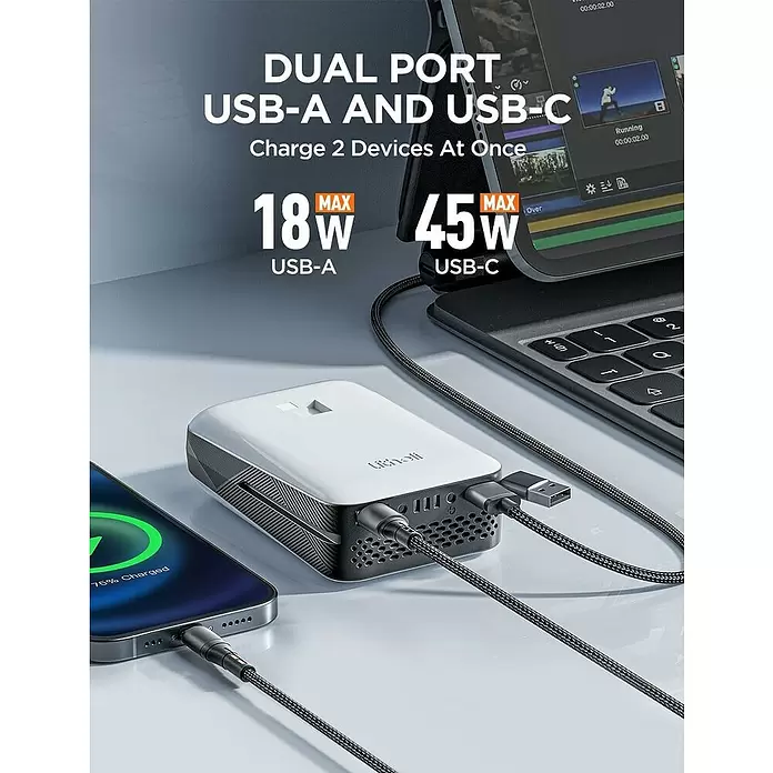 Litheli U20 Akku IPS - 20 V, 4 Ah, Li-Ionen - Weiß-schwarze Powerbank mit dualen USB-A (18W) und USB-C (45W) Anschlüssen, lädt Smartphone und Tablet/Laptop.