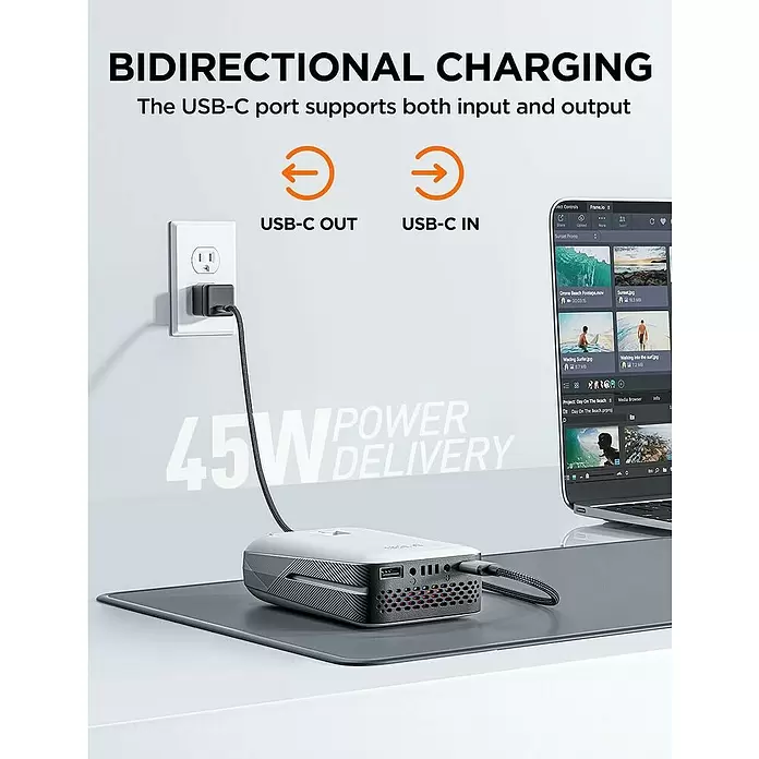 Litheli U20 Akku IPS - 20 V, 4 Ah, Li-Ionen - Weißes/dunkelgraues tragbares Gerät lädt von der Wand und versorgt einen Laptop über 45W bidirektionales USB-C.