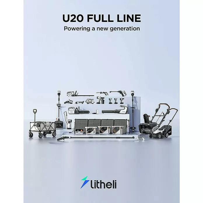 Litheli U20 Akku IPS - 20 V, 4 Ah, Li-Ionen - Eine vielfältige Reihe weiß-schwarzer Litheli U20 Akku-Werkzeuge, tragbarer Kraftwerke und Gartengeräte.