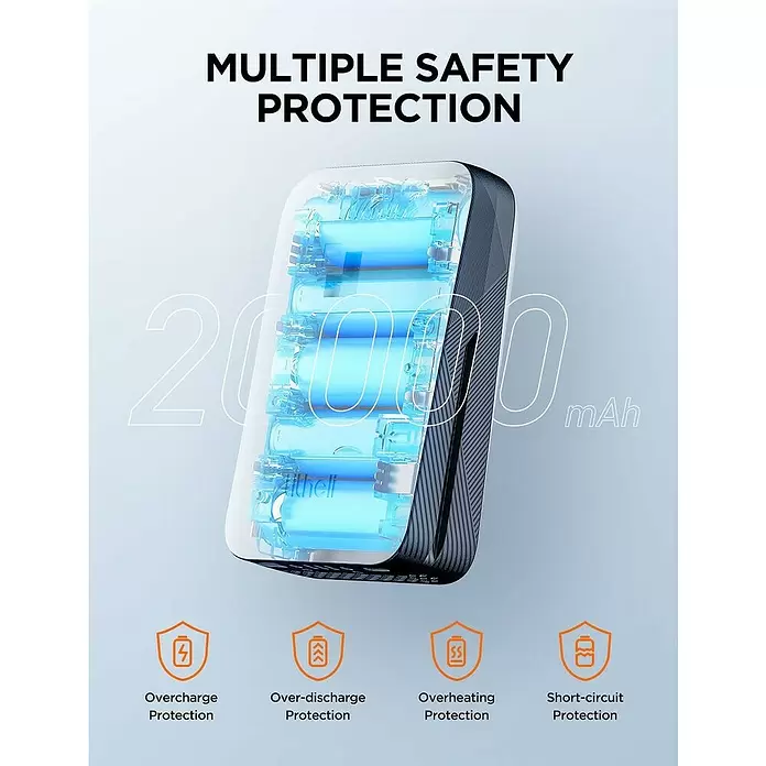 Litheli U20 Akku IPS - 20 V, 4 Ah, Li-Ionen - Transparente Powerbank mit sichtbaren Batterien, zeigt '20000 mAh' und Symbole für mehrfache Sicherheitsschutzfunktionen.
