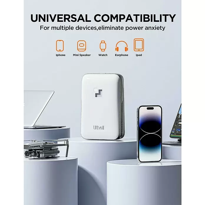 Litheli U20 Akku IPS - 20 V, 4 Ah, Li-Ionen - Weiße Litheli Powerbank, abgebildet mit verschiedenen elektronischen Geräten, was ihre universelle Ladekompatibilität hervorhebt.