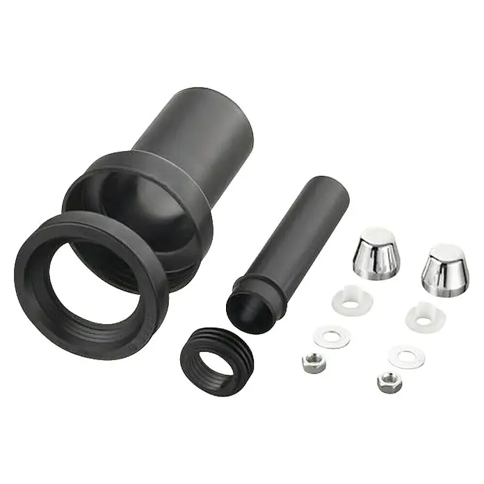 Anschlussgarnitur - Durchmesser: 110 mm, Schwarz - Das Bild zeigt ein Set aus Sanitärinstallationszubehör, inklusive Rohre, Dichtungen, Muttern und Abdeckungen.