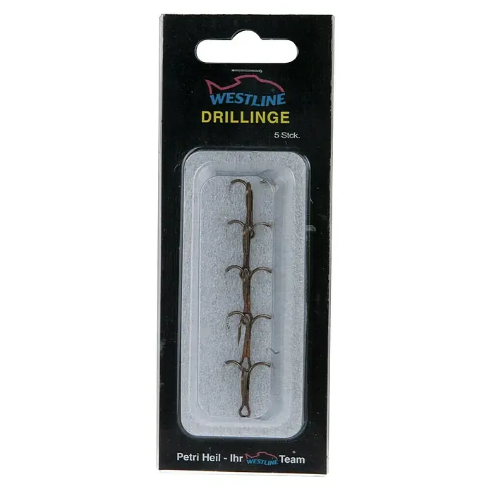 Westline Drillingshaken - Größe: 4, Brüniert, 5 Stk. - Ein Päckchen Westline Drillinge mit fünf Stück, ideal zum Angeln. Die Drillinge sind scharf und robust.