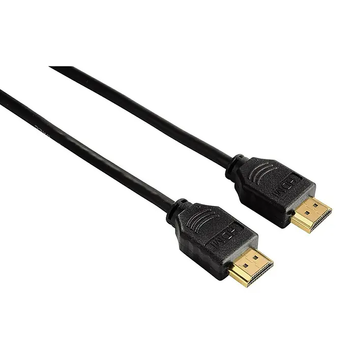 Hama HDMI-Kabel - 3 m, Vollgeschirmt, Vergoldete Kontakte, 10,2 Gbit/s - Nahaufnahme eines schwarzen HDMI-Kabels mit goldenen Anschlüssen, das für hochauflösende Audio- und Videoübertragung verwendet wird.
