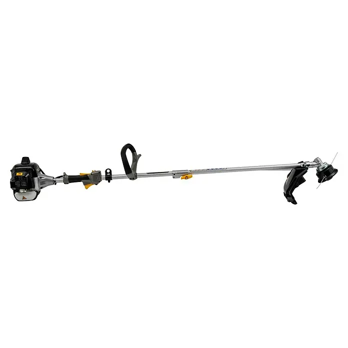 Alpina Desbrozadora de gasolina ABR 26 J - 0,7 kW, 25,4 cm³, Ancho de corte hilo: 43 cm, Ancho de corte cuchilla: 25,5 cm - Imagen de una desbrozadora. El dispositivo tiene un mango y un cabezal para cortar césped y malas hierbas de manera eficiente.