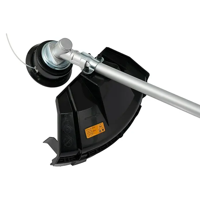 Alpina Desbrozadora de gasolina ABR 26 J - 0,7 kW, 25,4 cm³, Ancho de corte hilo: 43 cm, Ancho de corte cuchilla: 25,5 cm - Primer plano de una desbrozadora con protección, que garantiza un mantenimiento preciso del césped.\n