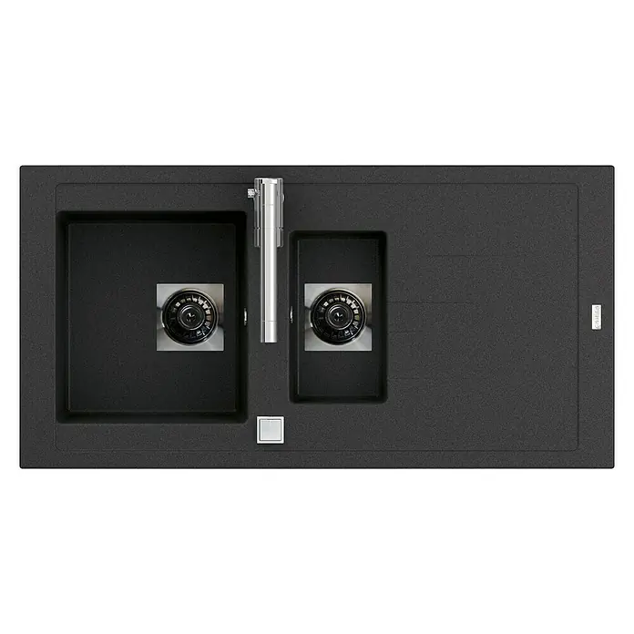 Carea Einbauspüle Tango - 98 x 50 cm, Material Spüle: CAREAgranit®, Schwarz - Spüle in modernem Design mit zwei Becken und einer Armatur in der Mitte. Das perfekte Spülbecken für Ihre Küche.