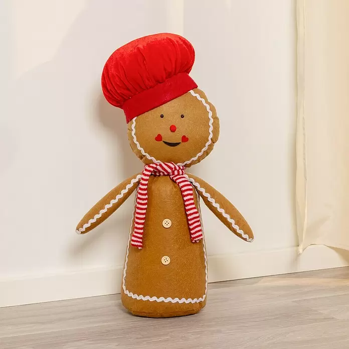 Dekofigur Lebkuchenfigur - Textil, Lebkuchenfigur - Filz-Lebkuchenmann-Dekoration mit roter Samtkochmütze, gestreiftem Schal, weißer Zuckergussverzierung und zwei Knöpfen.