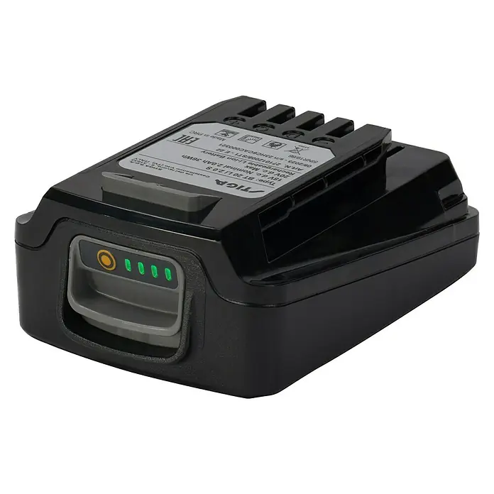 Stiga Batería E22 - 20 V, 2 Ah, Iones de litio - Primer plano de la batería negra Stiga BT 20 LI 2.0 S, con un indicador de nivel de carga, que proporciona energía versátil para tus herramientas de jardín.
