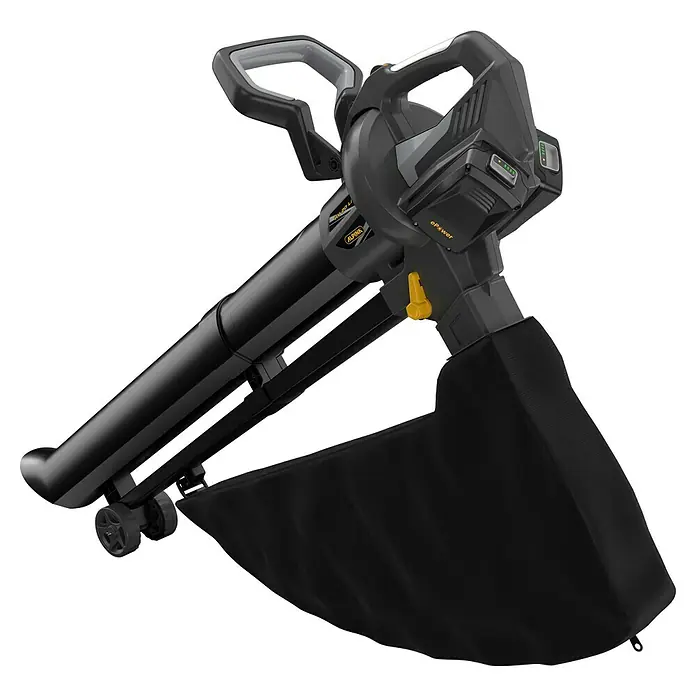 Alpina Soplador de hojas de batería AV20 - 20 V, 2 baterías, 4 Ah, Velocidad de soplado: 55 m/s, Potencia de soplado: 9,6 m³/min - Imagen de un soplador de hojas inalámbrico de Alpina con una bolsa de recolección robusta, lo que facilita la limpieza eficiente e inalámbrica de hojas.