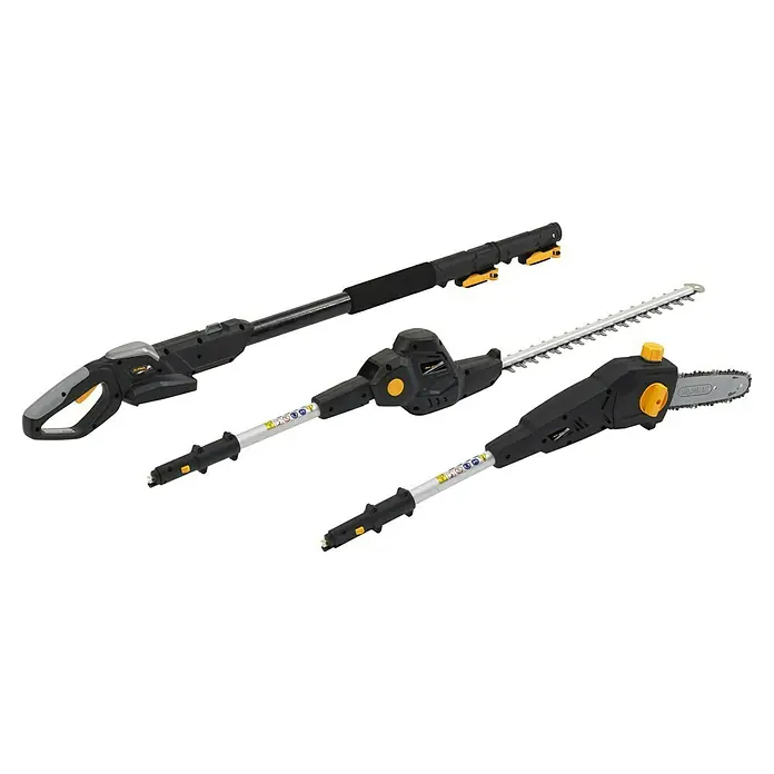 Alpina Multiherramienta de batería AM20 - 20 V, 1 batería, 4 Ah - La imagen muestra un conjunto de herramientas de jardín Alpina, incluyendo una podadora de altura, un cortasetos y una motosierra de pértiga, en negro y amarillo.
