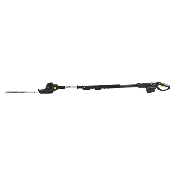 Alpina Multiherramienta de batería AM20 - 20 V, 1 batería, 4 Ah - Un cortasetos telescópico inalámbrico con mango negro y hoja de corte plateada. El dispositivo tiene un botón amarillo para funcionar.