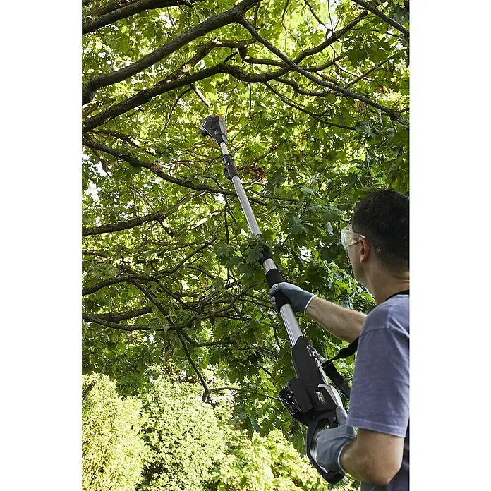 Alpina Multiherramienta de batería AM20 - 20 V, 1 batería, 4 Ah - Una persona usa una sierra de pértiga telescópica para podar ramas de un árbol.