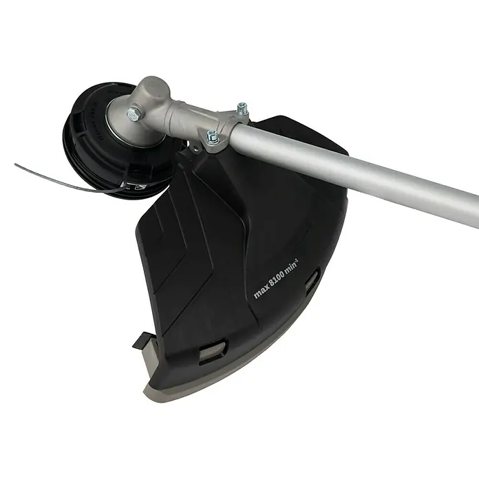 Alpina Desbrozadora de gasolina ABR45D - 1,5 kW, 44,8 cm³, Ancho de corte hilo: 45 cm, Ancho de corte cuchilla: 25,5 cm - Primer plano de un cortabordes con protección negra y cabezal de corte plateado diseñado para recortar bordes con precisión.