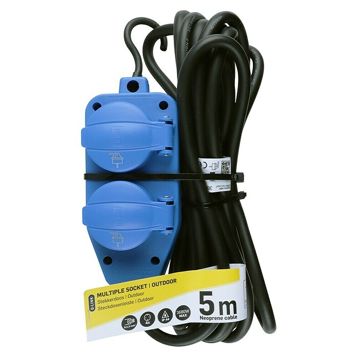Q-Link Stekkerdoos voor vochtige ruimtes 4-voudig (5 m, 3.680 W, Zwart / Blauw) | BAUHAUS
