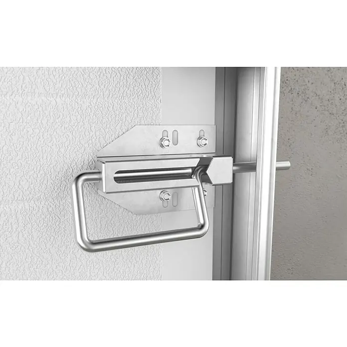 Solid Elements Puerta de garaje seccional PRO - 250 x 212,5 cm, Blanco, Peatonal - Primer plano de un toallero de metal plateado montado en la pared, que muestra un diseño moderno y funcional.