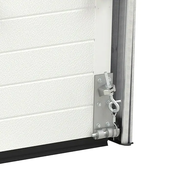 Solid Elements Puerta de garaje seccional PRO - 250 x 212,5 cm, Blanco, Peatonal - Detalle de una puerta de garaje con componentes metálicos que garantizan su funcionalidad y seguridad.