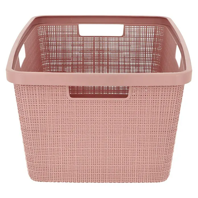Curver Wäschekorb Jute - L x B x H: 59,4 x 39,4 x 25,6 cm, Rosa - Eine Nahaufnahme eines quadratischen, rosa Wäschekorbs aus Kunststoff mit Griffen und einem durchbrochenen Webmuster.