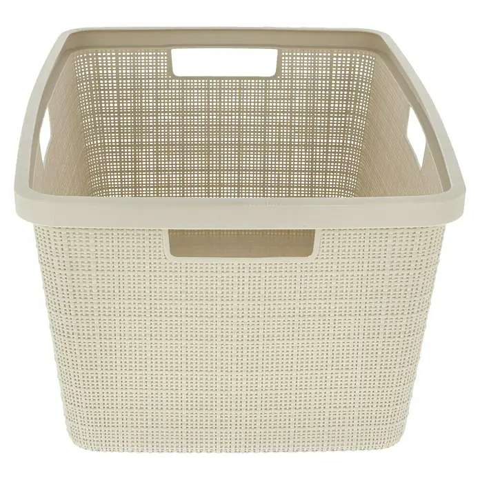 Curver Wäschekorb Jute - L x B x H: 59,4 x 39,4 x 25,6 cm, Cremeweiß - Nahaufnahme eines cremefarbenen Wäschekorbs mit gewebter Textur und integrierten Griffen, ideal für die Organisation.