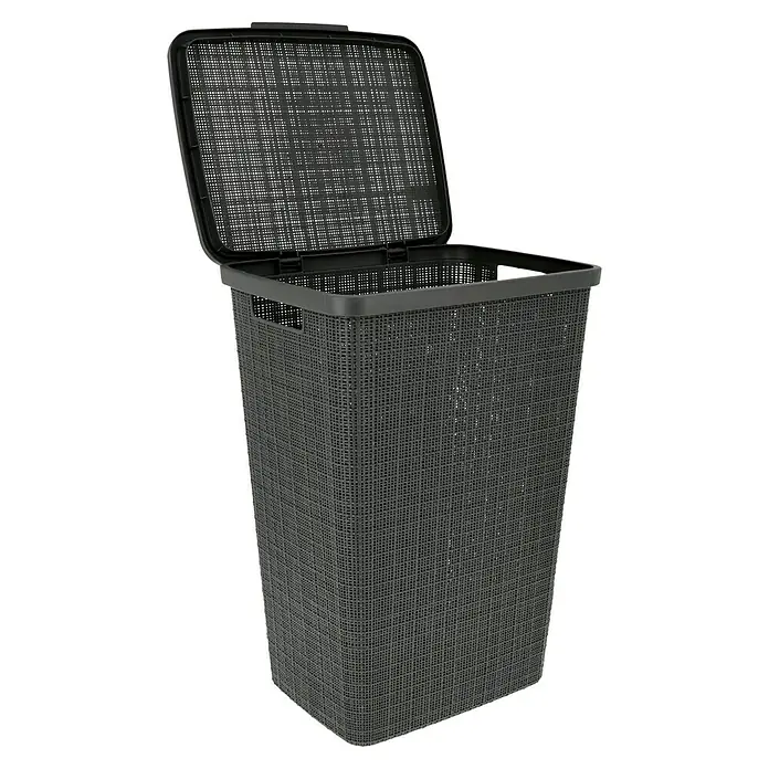 Curver Wäschesammler Jute - L x B x H: 43 x 34 x 58,2 cm, Anthrazit - Ein grauer Wäschekorb mit offenem Deckel, der eine geflochtene Optik aufweist und eine stilvolle Aufbewahrungslösung bietet.