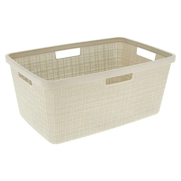 Curver Wäschekorb Jute - L x B x H: 59,4 x 39,4 x 25,6 cm, Cremeweiß - Ein rechteckiger, cremefarbener Wäschekorb aus Kunststoff mit gewebter Textur und Griffen.